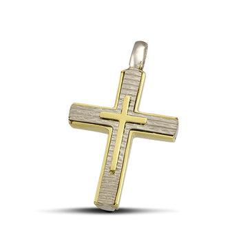 Σταυρός βάπτισης από χρυσό και λευκόχρυσο Κ14 σαγρέ για γυναίκα.